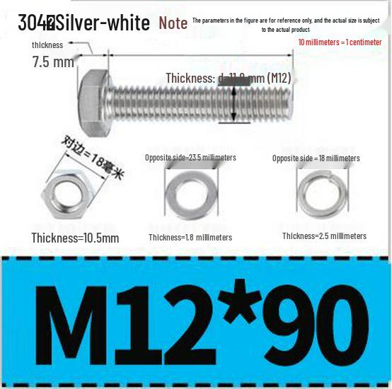 304 Stainless Steel Hex Head Bolt and Nut Set M6-M14, Lengths 8-100mm