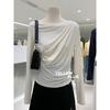 New 2024 Off-Shoulder Ruched Long-Sleeve T-Shirt, Rayon 1x1, 260g, High-End.