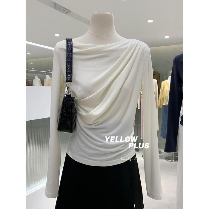 New 2024 Off-Shoulder Ruched Long-Sleeve T-Shirt, Rayon 1x1, 260g, High-End.