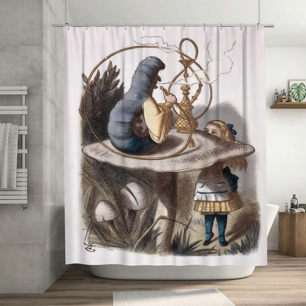 Whimsical Alice In Wonderland-Themed Shower Curtain With Vintage Illustrations For Bathroom Decor – Blue Mushroom Design