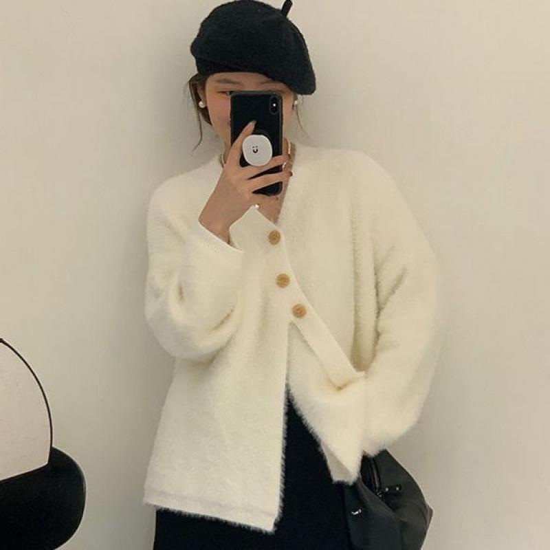 Women's Mid-Length Mink Cashmere V-Neck Cardigan Coat with Irregular Hem - Perfect for Autumn and Winter