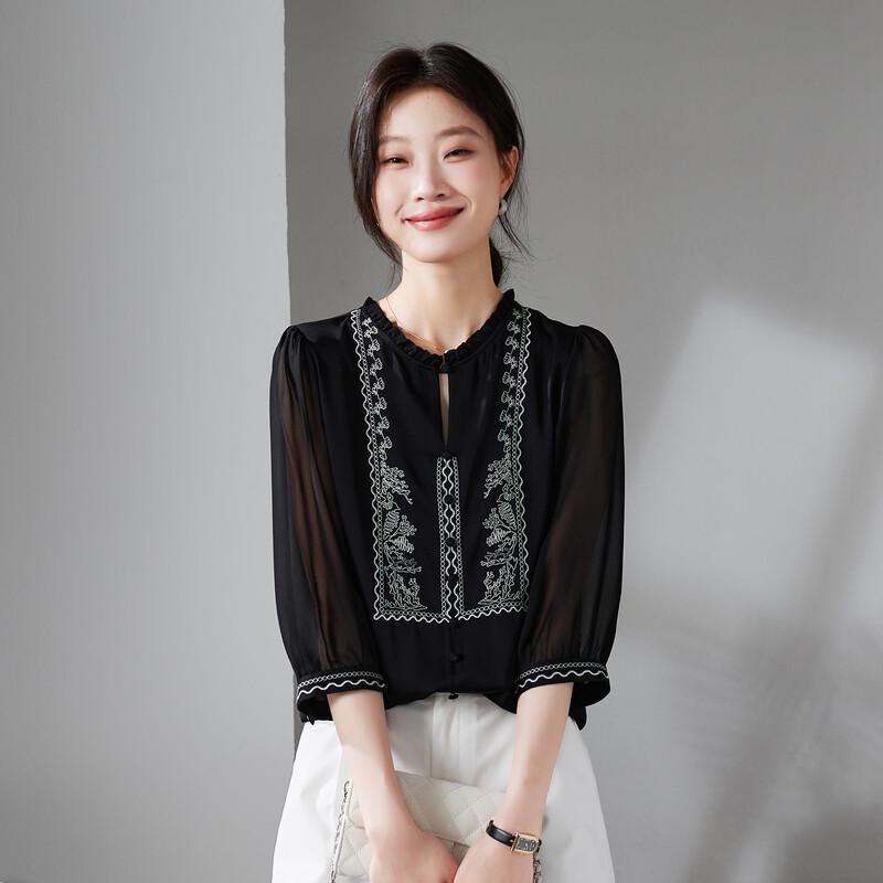 SOFSIL 2026 Summer French Silk Blend Embroidered Ruffle Blouse