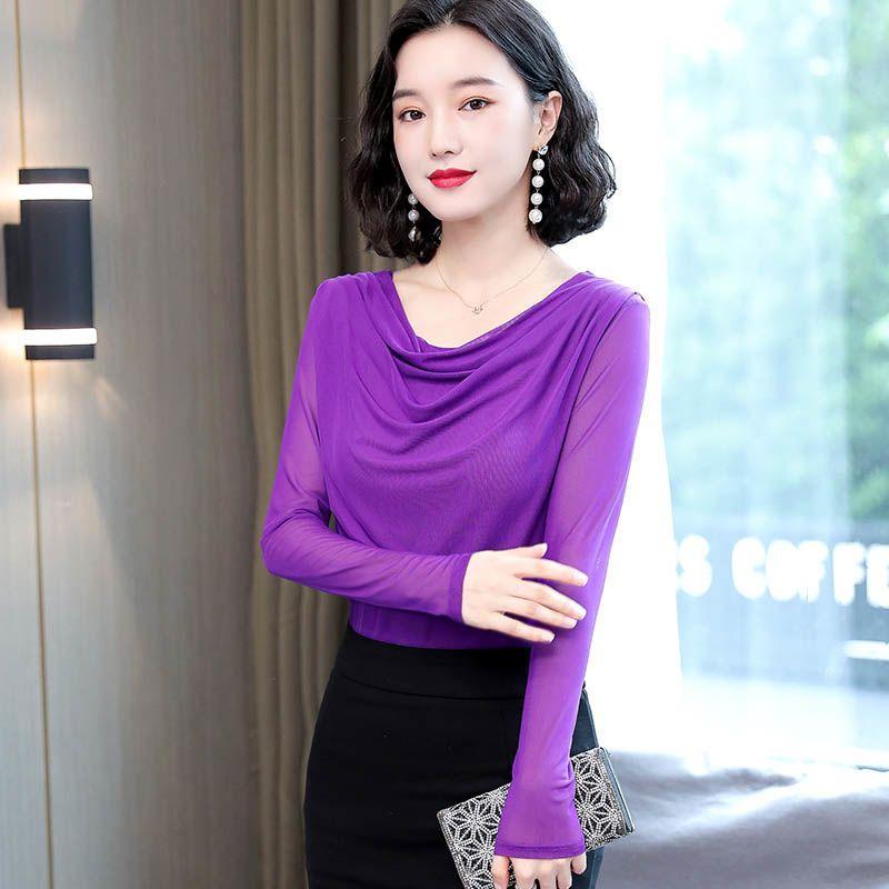Autumn Elegant Slimming Blouse Women Long Sleeve Mesh Tops Fashion Drape Neck Slim Fit Tee Basic Shirt