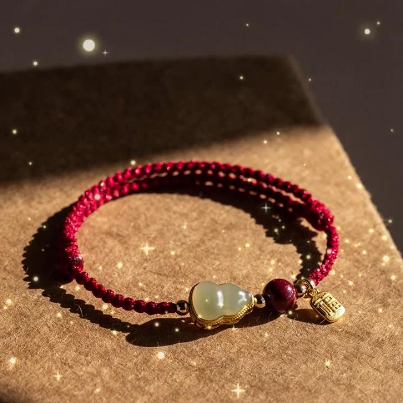 Hand Braided Red Lucky Bracelets For Couples Imitation Jade Calabash Cinnabar Beads Bracelet Good Fortune Bangles Year Gift