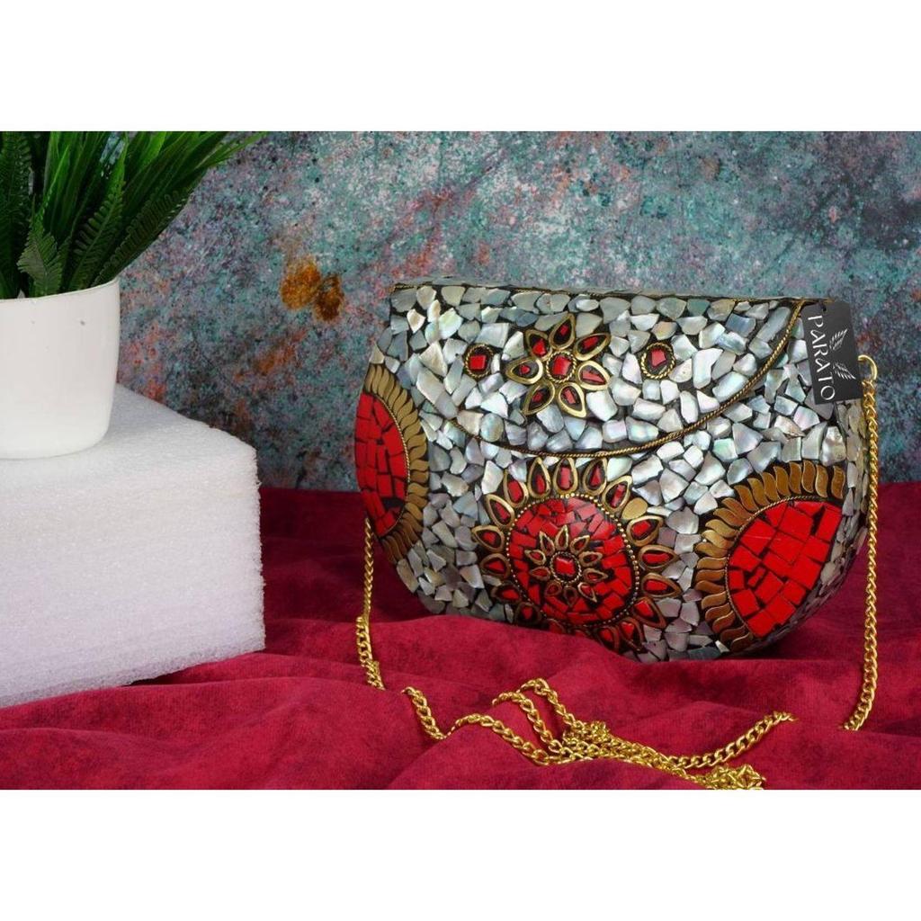 Red Women Sling Bag Handmade Metal Mosaic Bag Decorated with Tiles
