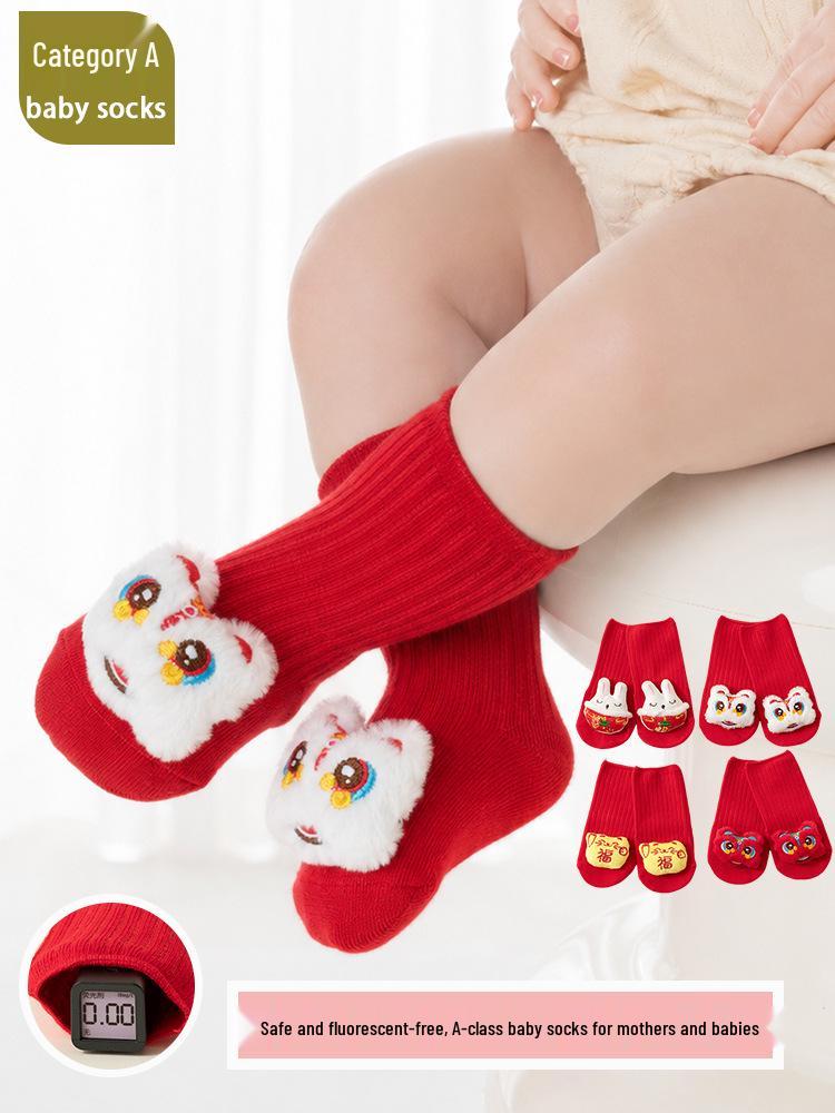 Red Combed Cotton Baby Socks: Anti-slip, for Newborn, Full Moon, 100 Days, and First Birthday (0-1 Year)
