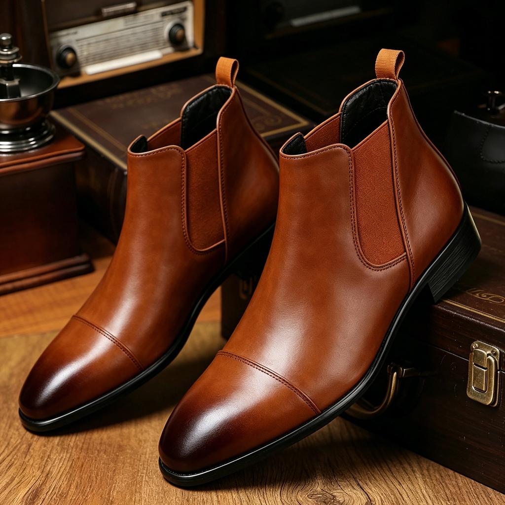Chelsea Boots Men's British Pointed Leather Boots High Top Martin Boots Large Size Retro Shoes Men's Shoes