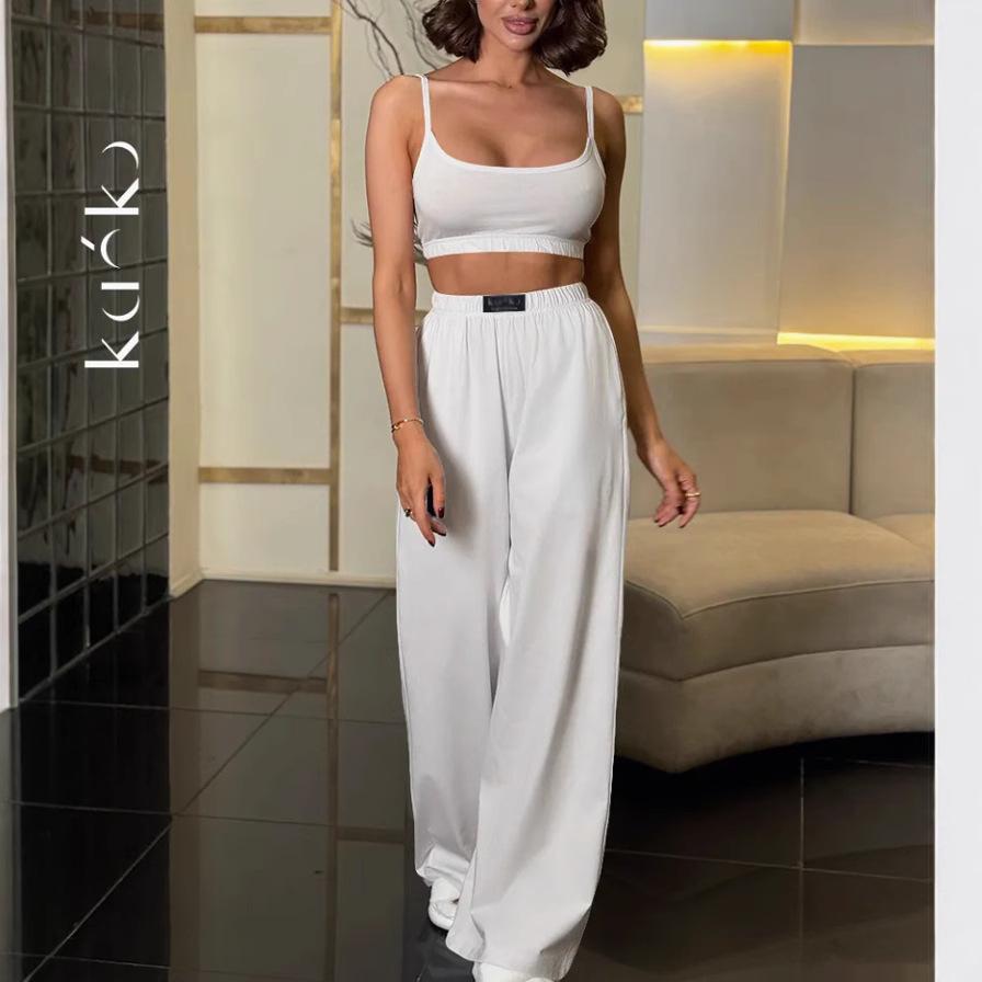 Trendy Russian Women's Fashion Sling Vest & Wide-Leg Pants Two-Piece Set