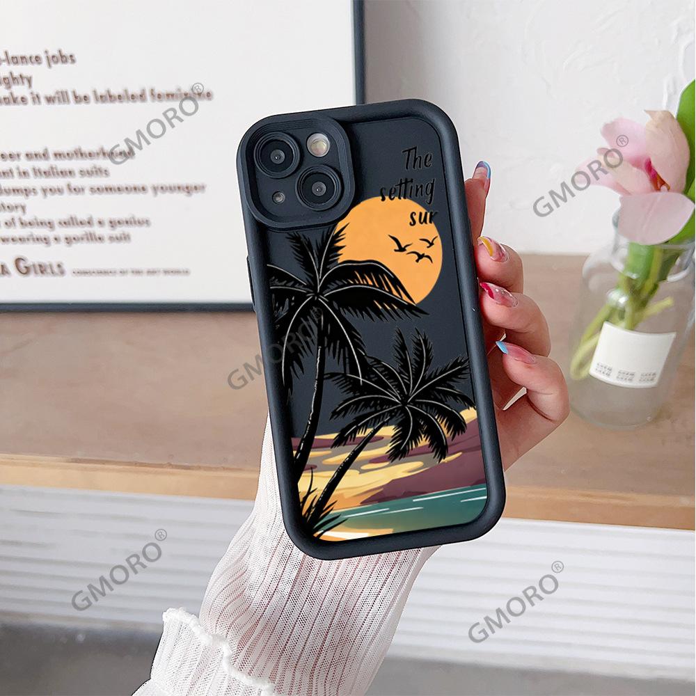 Europe and the United States list sunset coconut tree is suitable for Apple 16pro summer mobile phone case iPhone15 advanced silicone soft case
