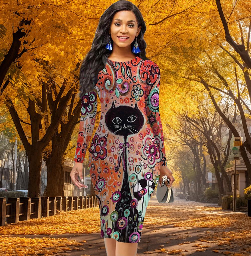 Long Sleeve Waist Tight Office Slim Fit Long Necked Animals Printing Elegant Bodycon Dress