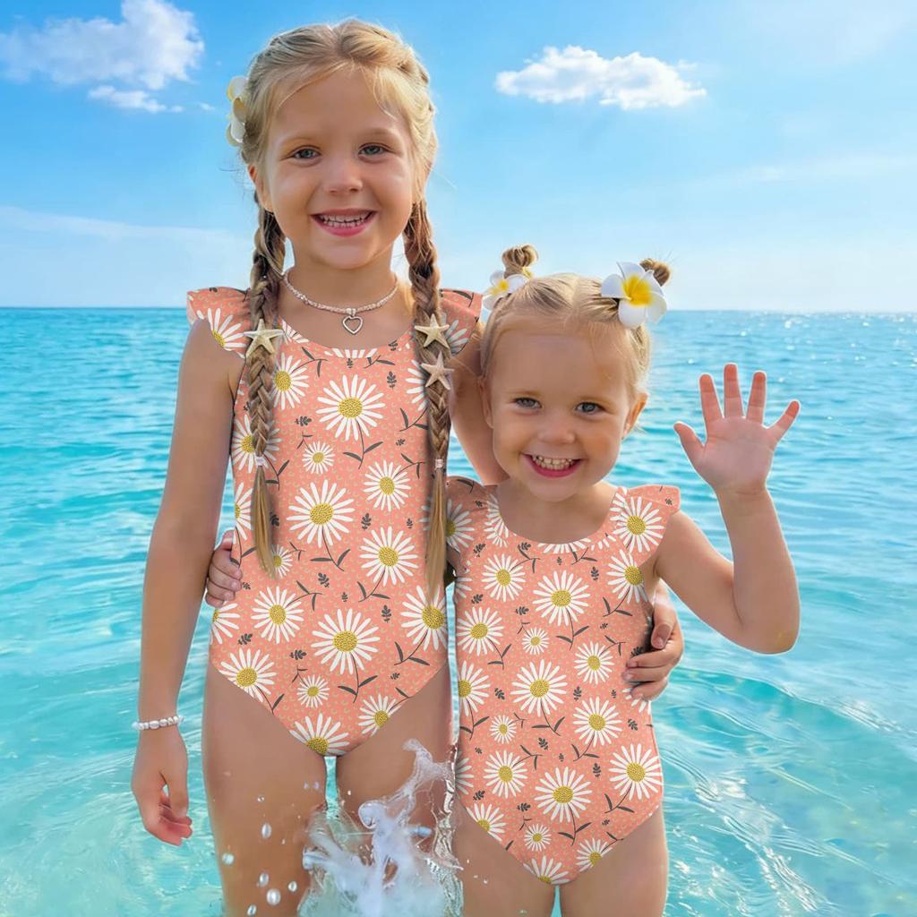 Girls One Piece Swimsuit Floral Print Sleeveless Ruffle Shoulder Design Lightweight Comfortable Fabric Suitable for Summer Beach Pool Swimwear