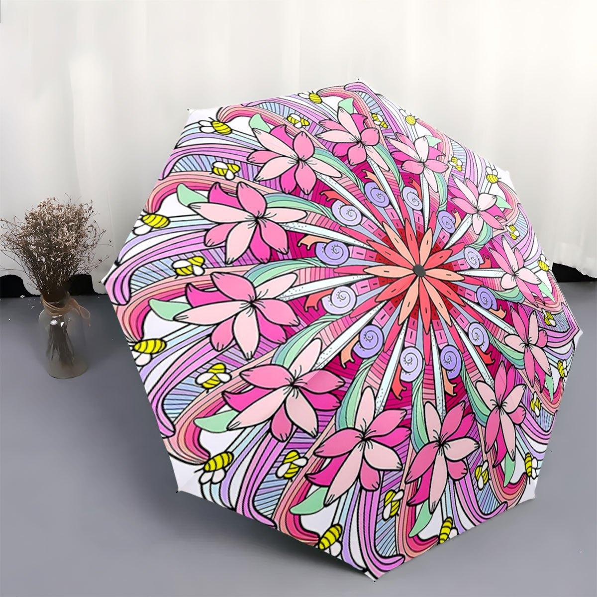 

Automatic Folding Umbrella with Pink Floral & Colorful Paisley Swirl Design - 8-Rib Collapsible Portable Umbrella, Durable Pla Iron&8K