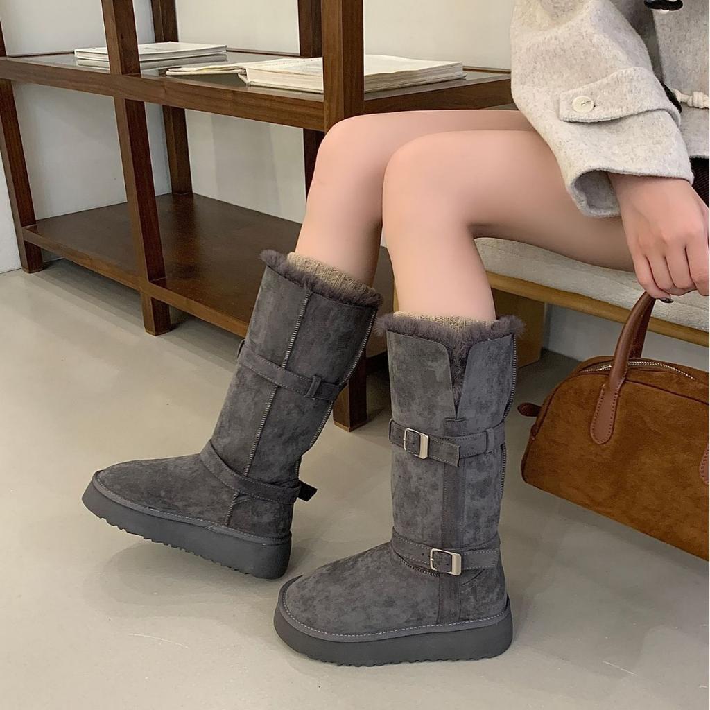 2025 Herbst und Winter neue runde Zehe dicksohlige hoher Schaft Gürtelschnalle Schnee rutschfest aber Knie Ritter warm Damenstiefel