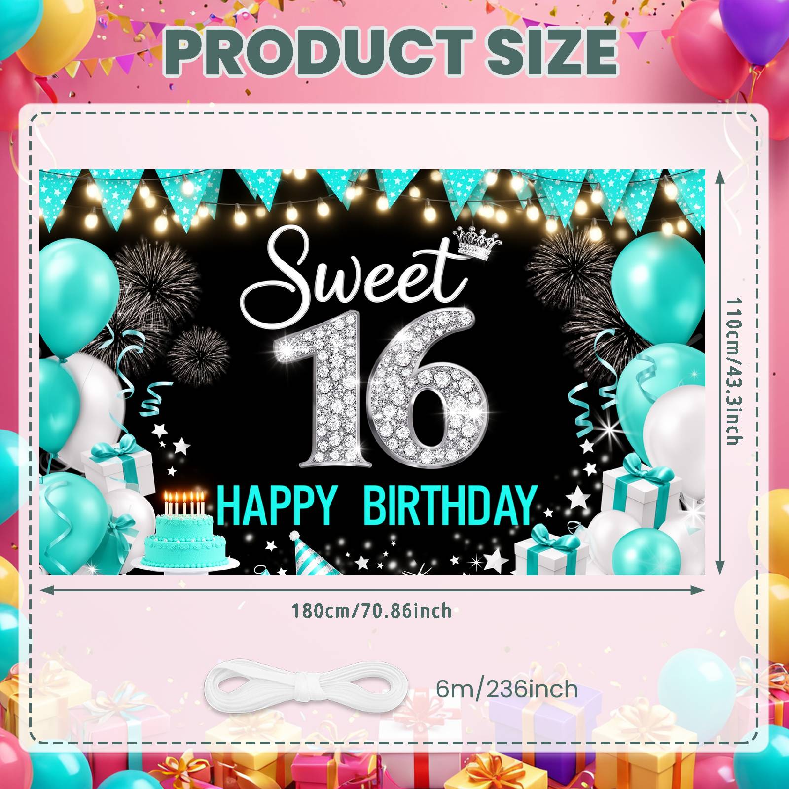 

Birthday Party Background Silver Accents Sweet 16 Birthday Banner Banner String Lights Detail Sweet 16 Backdrop For Indoor