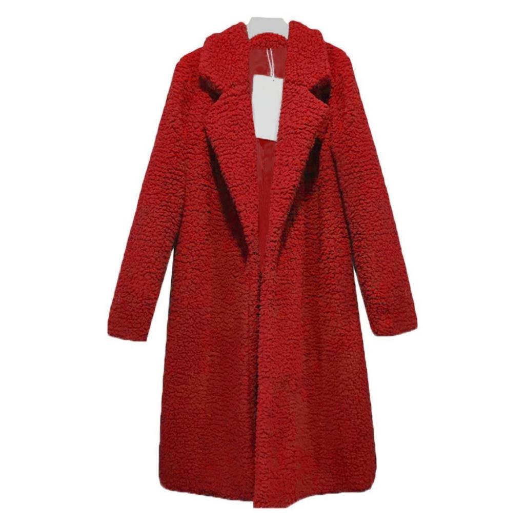 Ladies', Medium Length, Lapel, Woolen Jacket, Long Sleeved, Solid Color, Loose Fit, Casual Jacket