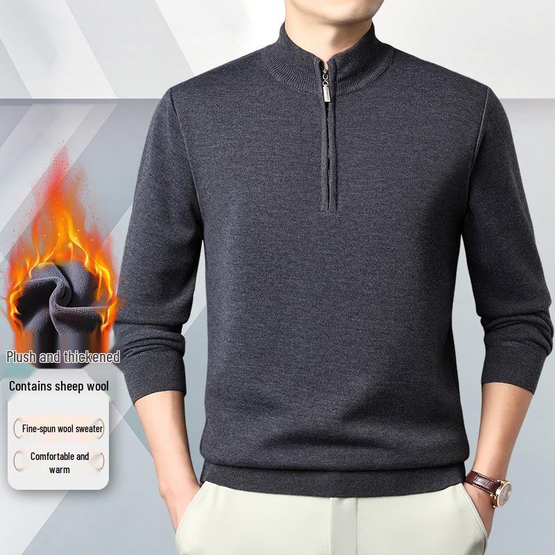 Men's Zipper Half-High Collar Knit Sweater - Mid & Young Adult Pullover Warm Base Layer