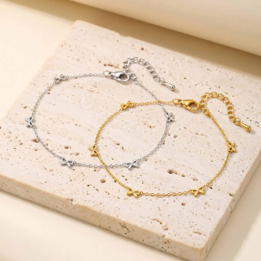 Bowknot Link Chain Anklet for Women, 18K Gold Plated Stainless Steel, Waterproof Anti-Tarnish Summer Beach Jewelry
