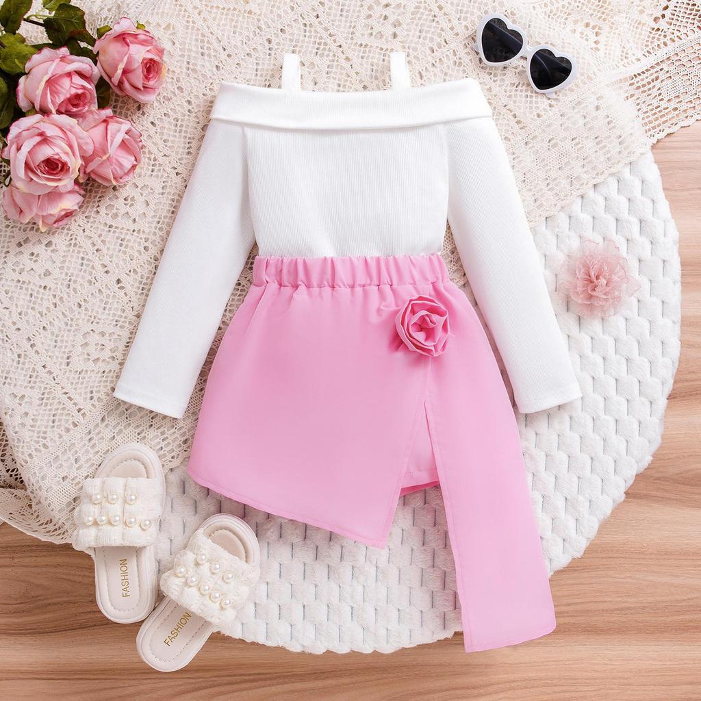 Dívčí módní set Letní dětské elegantní Jednoramenné tričko na ramínka s dlouhým rukávem + Květované kalhotky