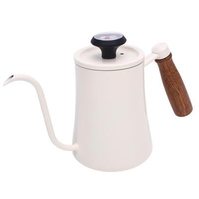 600ML Coffee Brewing Pot 304 Stainless Steel Water Pot with Temperature Meter Wood Handle Spout