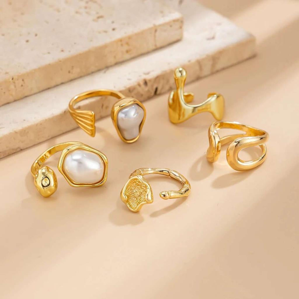 Ingemark 5Pcs/Set Retro Elegant Baroque Imitation Pearl Open Ring Trendy Irregular Geometry Adjustable Ring Set Birthday Jewelry