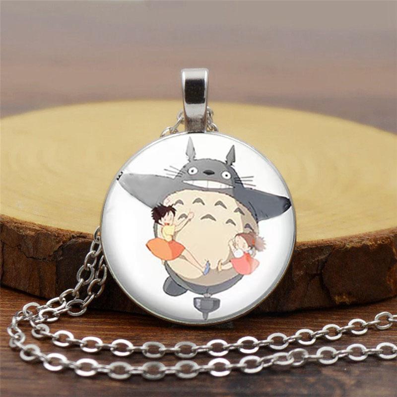 Time Gem Cute Totoro Pattern Round Glass Alloy Pendant Necklace