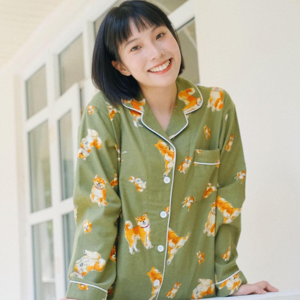 Women's Brushed Cotton French Pajamas - Comfy, Loose-Fit Long Sleeve Set for Spring & Autumn