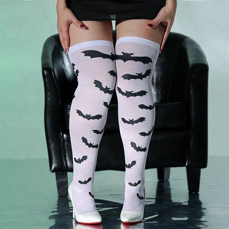Skull Print Thigh-High Halloween Stockings – Polyester Over-the-Knee Socks