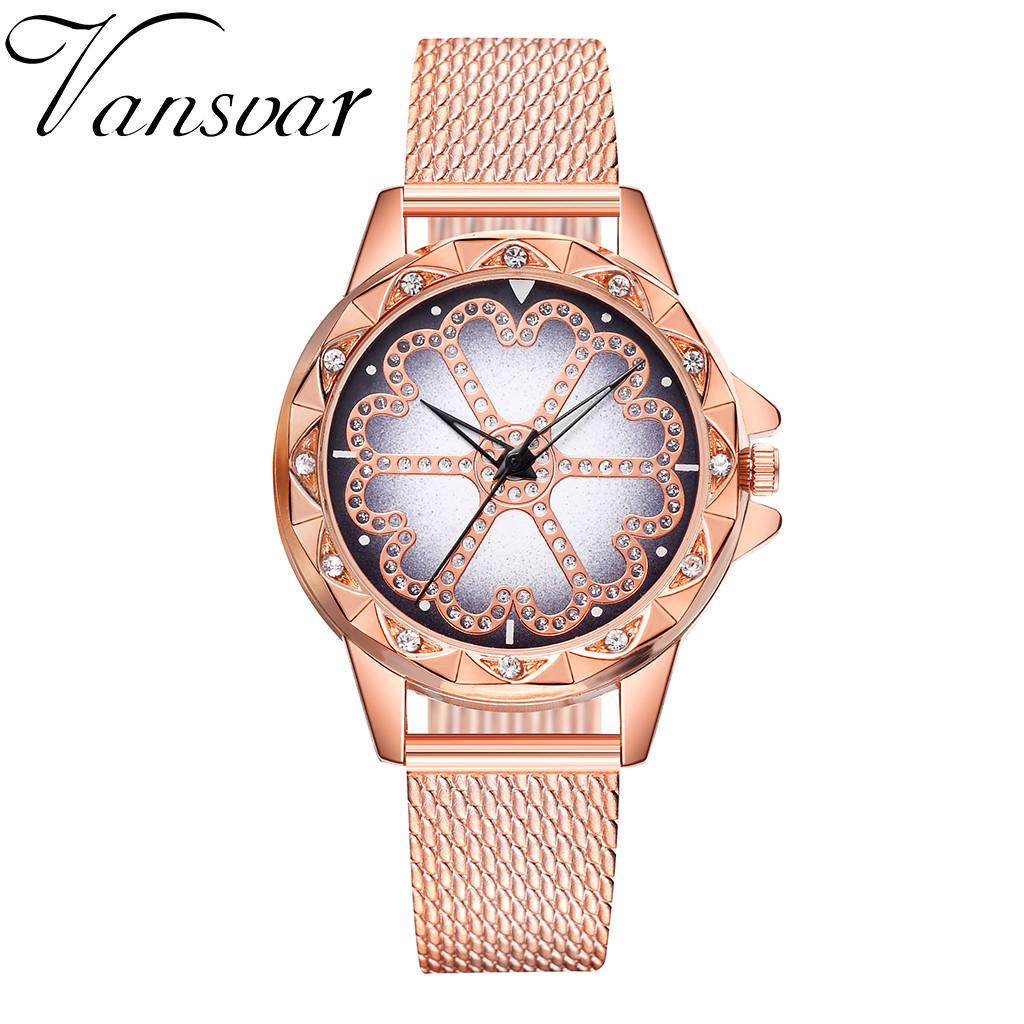 

Женские повседневные кварцевые пластиковые часы с кожаным ремешком Lucky Flower и стразами розового золота