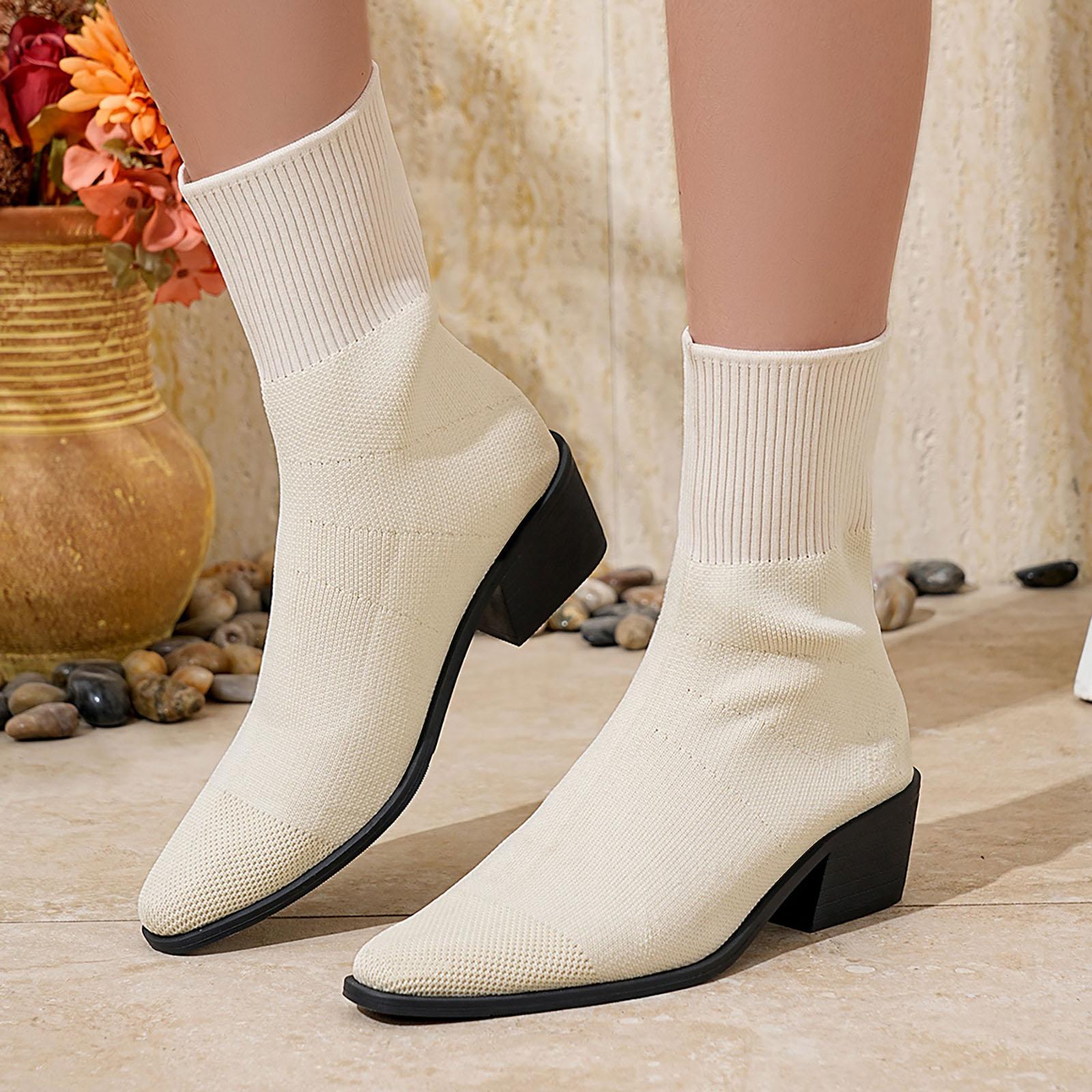 Women s Elegant Commuting Women s Thick Heeled Knitted Socks Boots Pointed Toe Thick Heeled Wide Width Boots for Women Size 11 36 белый