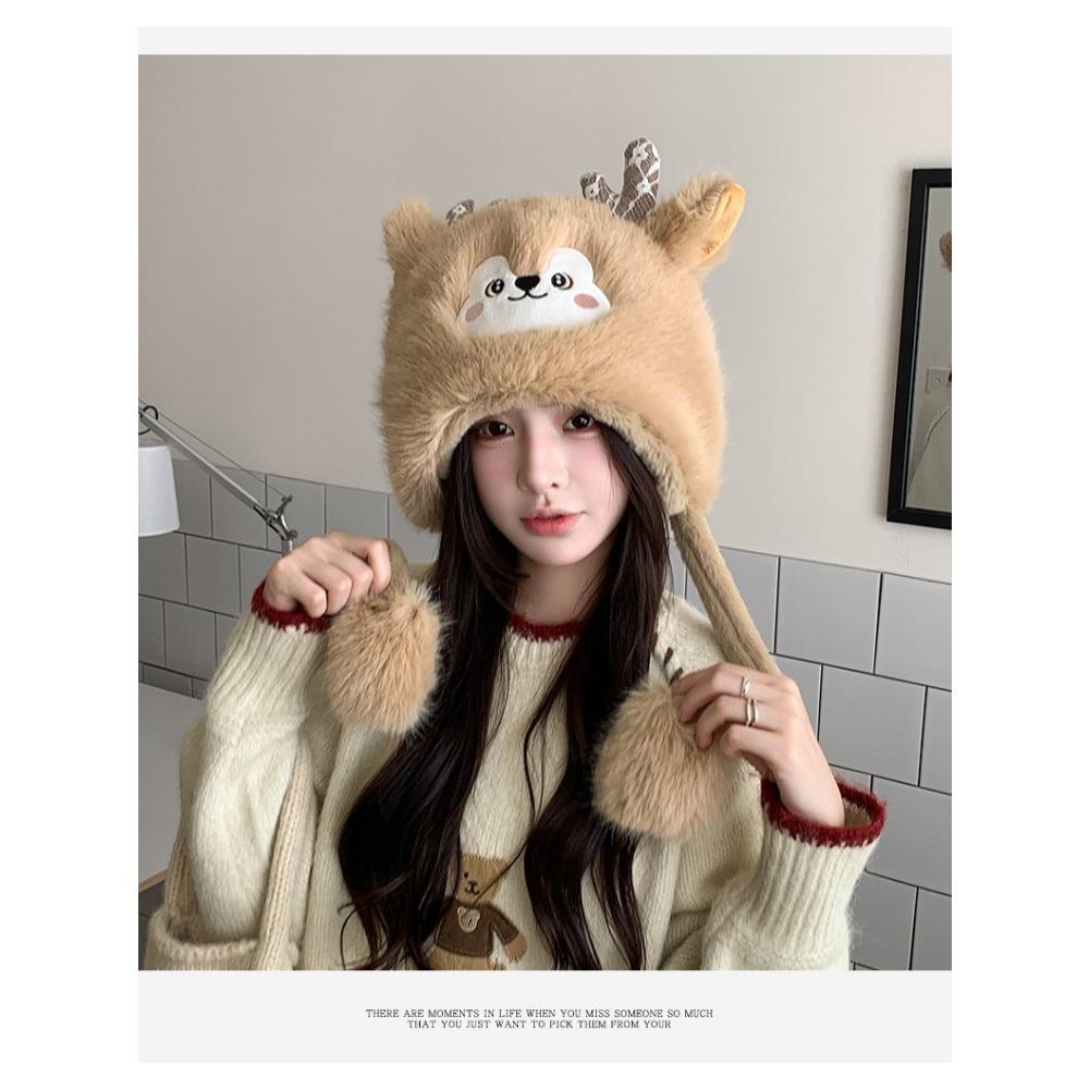 Antlers plush hat women's autumn and winter warm Lei Feng hat Christmas hat cute elk ear protection pullover hat