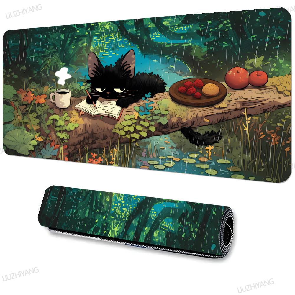 Cute Black Cat Forest Large Desk Mat Cartoon Animal Green Nature Scene Xxl Mouse Pad NonSlip Lock Edge Keyboard Mat