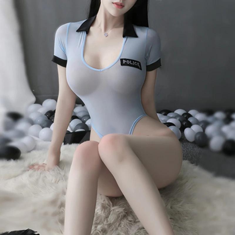 New Womens Erotic Open Crotch See Through Mesh Lingerie Bodysuit Police Uniform Cosplay Ice Silk Underwear Swimsuit