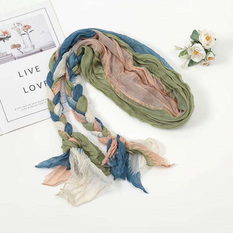 Women's Pliced Wrinkled Braided Scarf Versatile Sunshade and Sunscreen Scarf Travel Photography Scarf