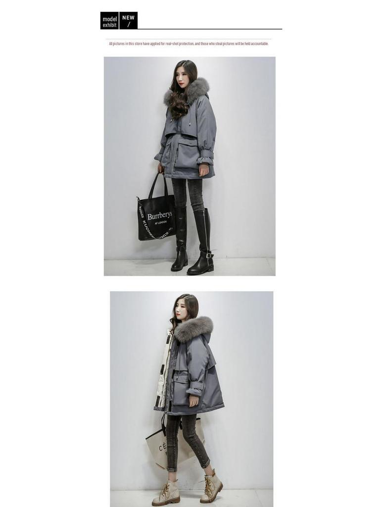 Korean Style Women's Mid-Length Cotton-Padded Parka with Big Fur Collar