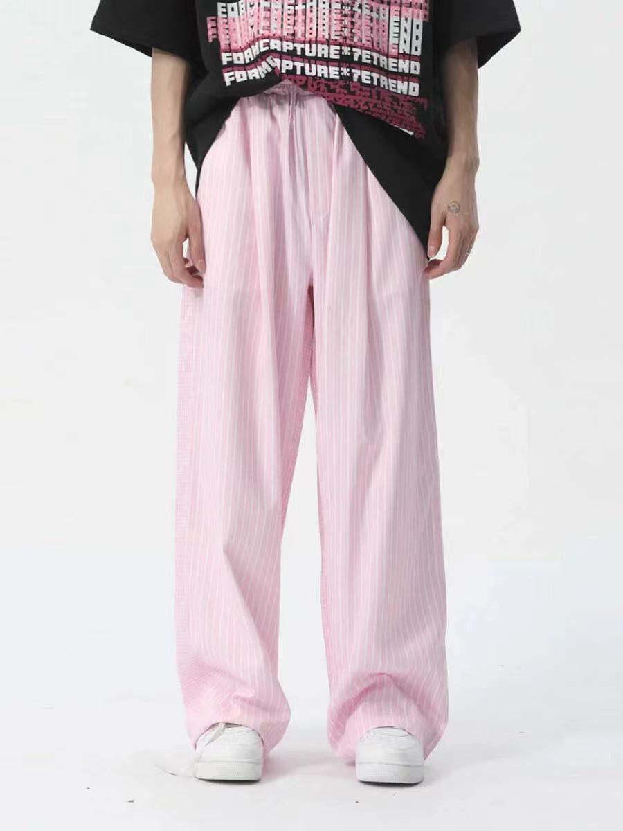 

Мужские повседневные брюки в корейском стиле с синими вертикальными полосками и высокой талией XXL розовый