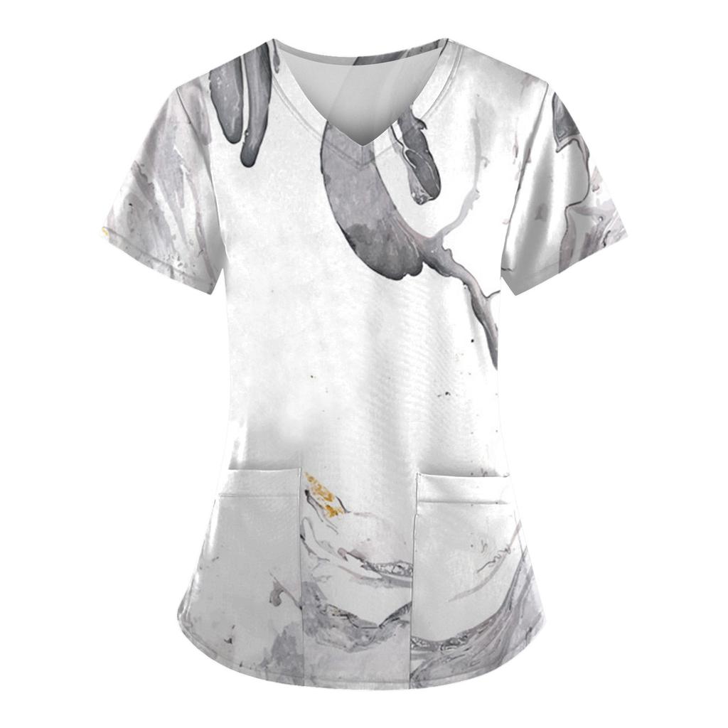 Women Fashion Spring And Summer Oil Painting Print V-neck Short Sleeve Workwear With Pockets Tops