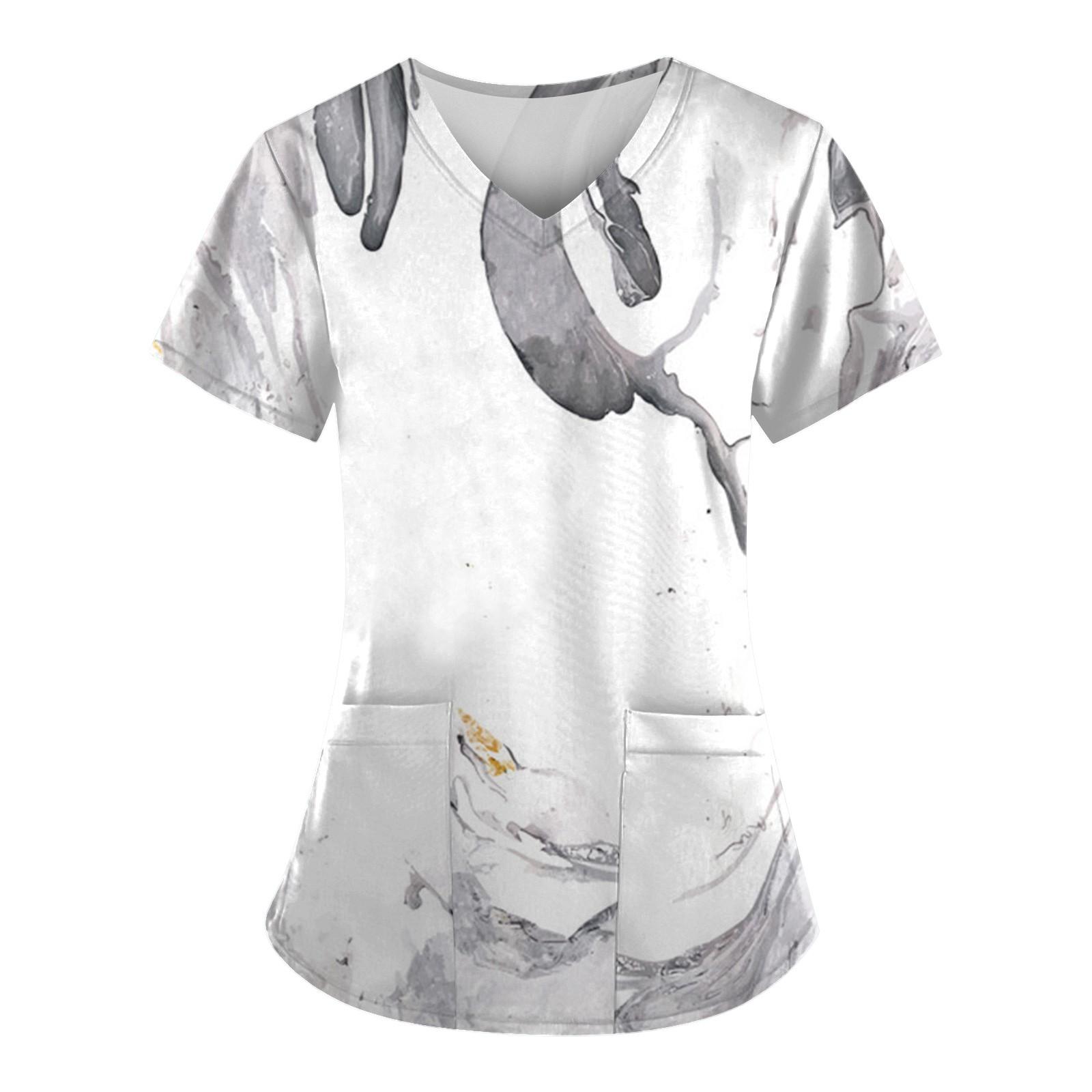 

Women Fashion Spring And Summer Oil Painting Print V-neck Short Sleeve Workwear With Pockets Tops XXXXL білий