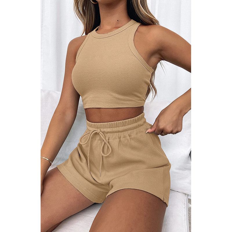 

Sleeveless Vest Shoelace Shorts Suit Khaki XL