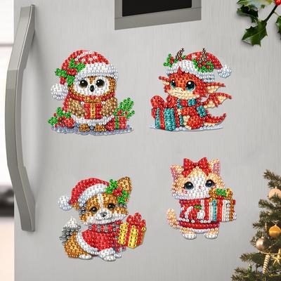 6Pcs Acrylic Christmas Animals Fridge Stickers Diamond Art Magnets Decals Diamond Painting Fridge Magnet for Adults Beginners