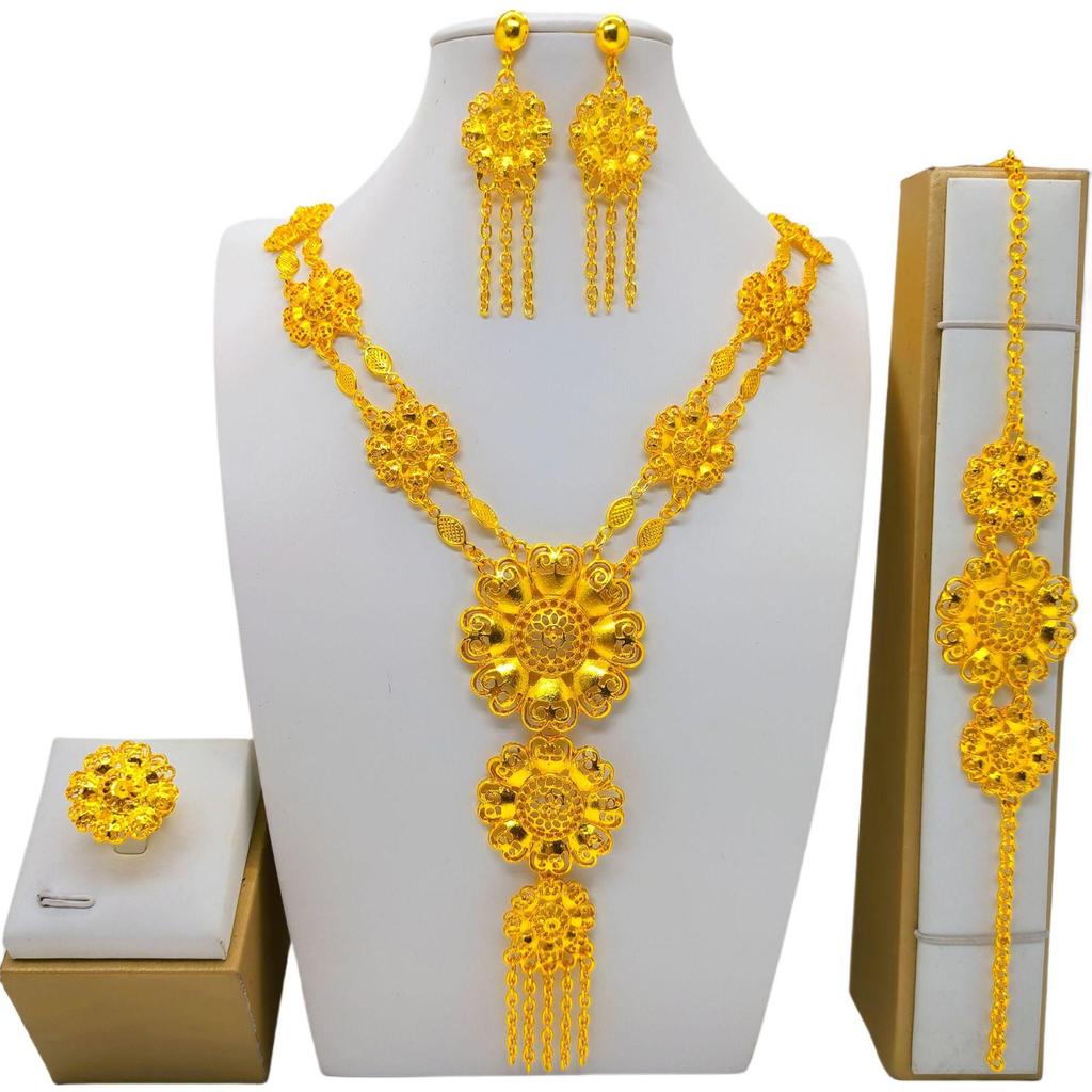 4 Τεμάχια Χρυσό Χρώμα Ινδικό Νυφικό Σετ Κοσμημάτων από Κράμα Ντουμπάι Κολιέ Σκουλαρίκια Για Γυναίκες Γάμο 24 καρατίων Επιχρυσωμένο Αφρικανικά Κοσμήματα Νύφη