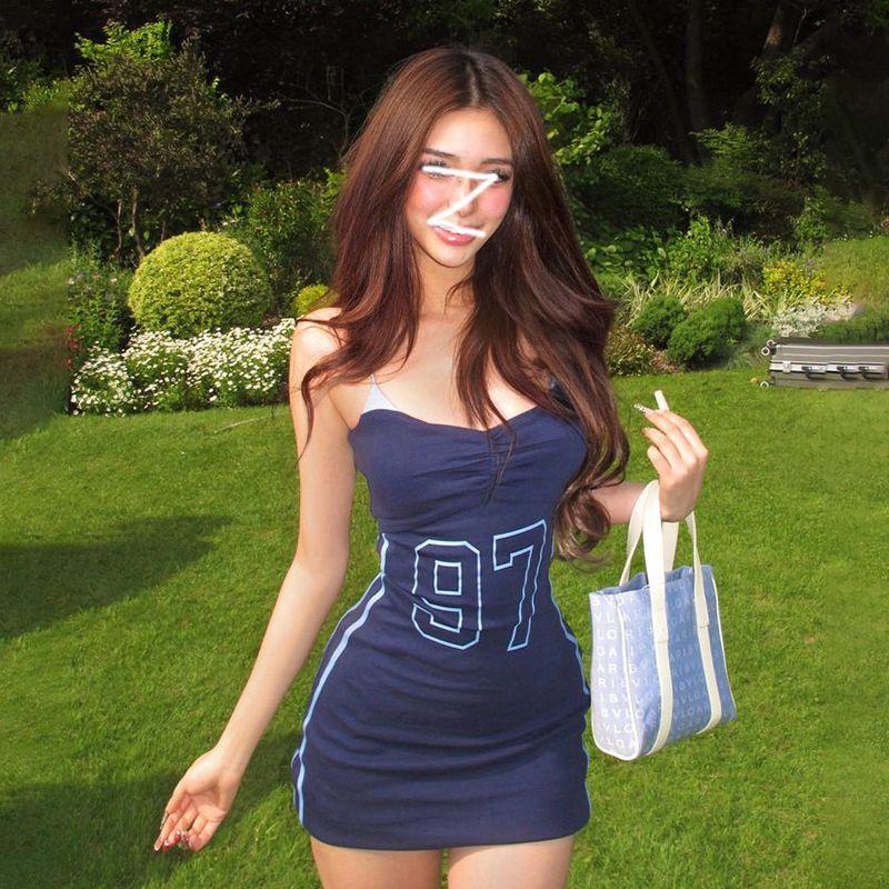 

Sisjuly Letter Print Athleisure Suspender Skirt Blue S