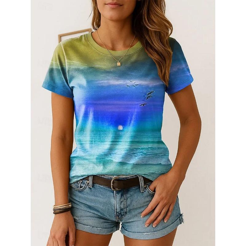 Summer Women's Color 3D Printed Crew Neck T-Shirt