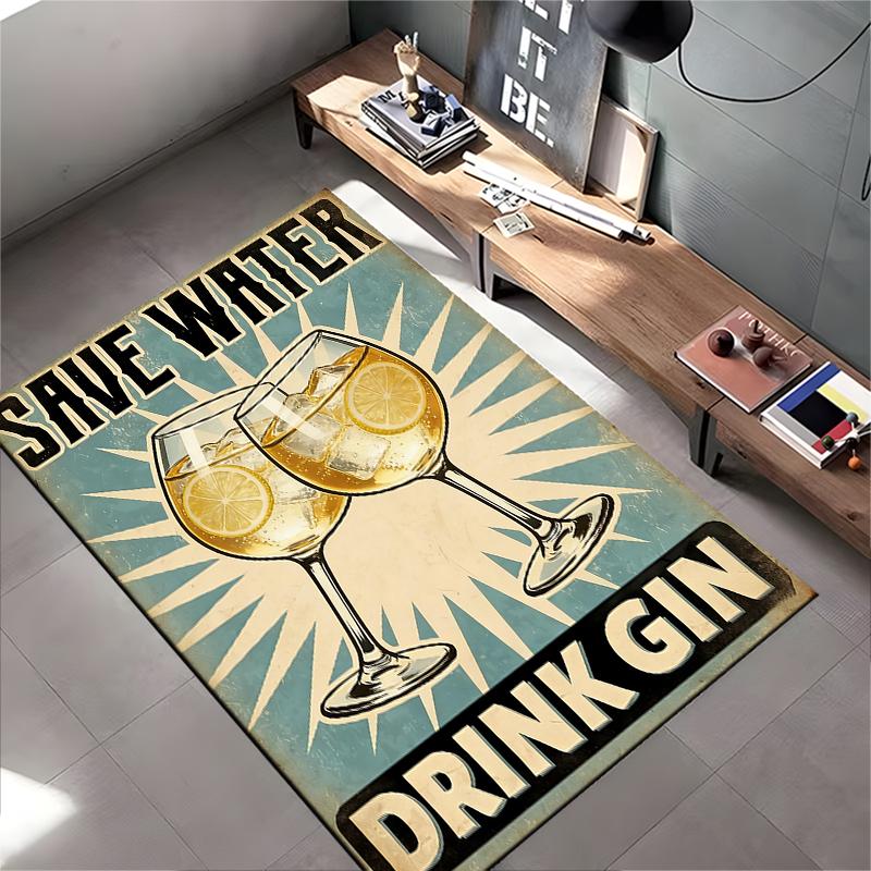 Retro Style Rug with "Save Water Drink Gin" Print, Gin Glass Design Suitable for Use As an Anti-slip for Living Room Bedroom Sofas