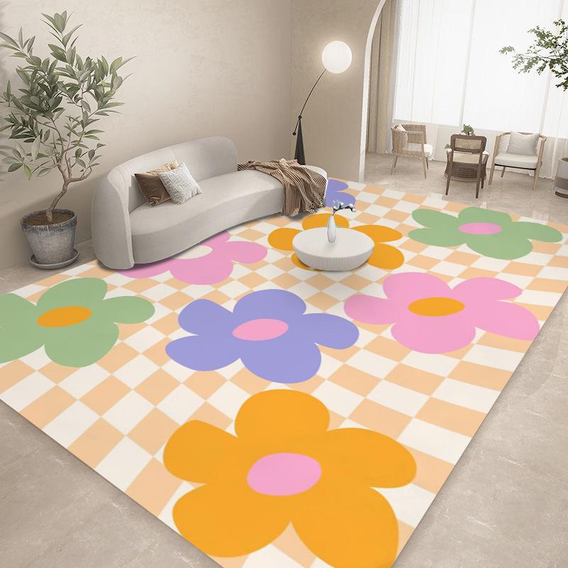 Checkered Floral Rug for Living Room Checkerboard Carpet Bedroom Bedside Rug Sofa Table Area Rug Floor Mats Anti-Slip Doormat