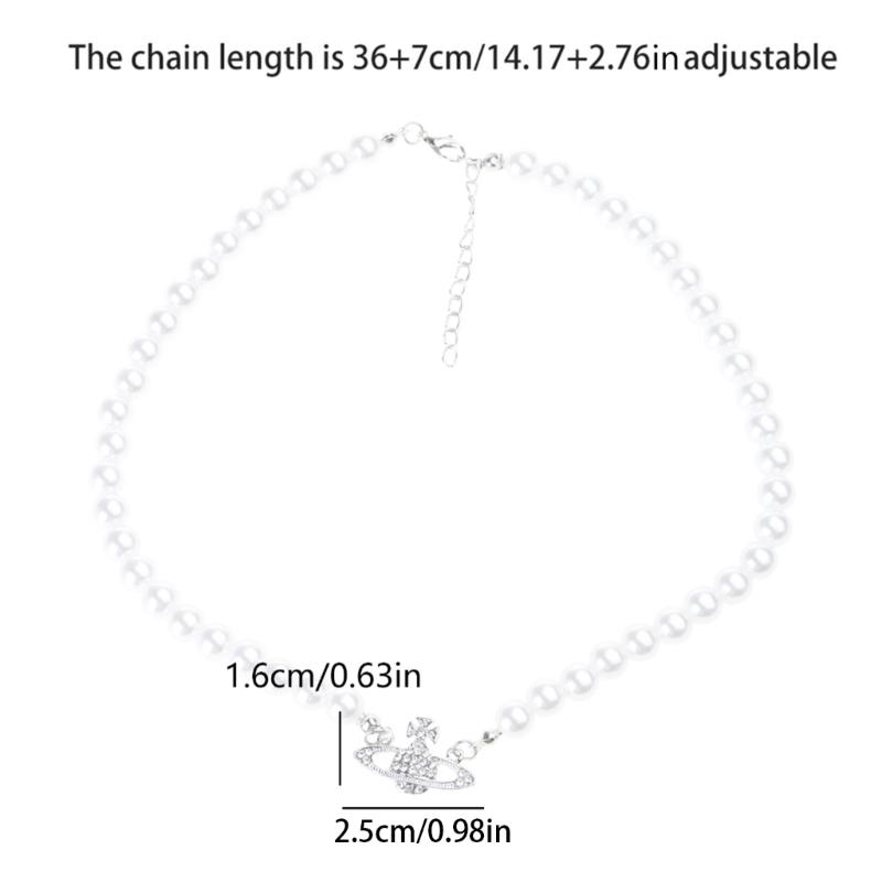 Planet Pearl Choker Necklaces for Women Crystal Rhinestones Pearl Bead Necklaces Ladies Wedding Pearl Bead Chain Neck