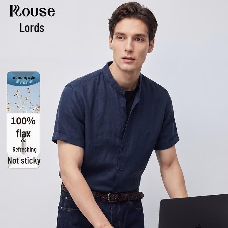 Men s 100% Linen Stand Collar Short Sleeve Shirt S