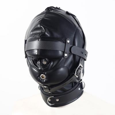 Polstrovaná kožená BDSM kukla s odnímateľným krytom na oči, uzamykateľný chokér, otvor na ústa, Roleplay pre otroka, Fetish výbava, Sexuálna hračka pre dospelých
