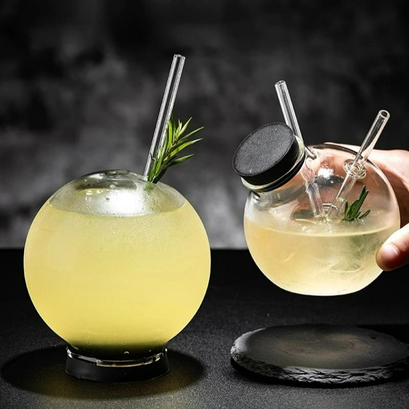 Bicchiere di Vetro a Forma di Globo, Bicchiere di Vetro Creativo Unico, Bicchieri da Cocktail per Mixology Molecolare Bicchieri a Doppia Cannuccia, Bicchieri per Bevande e Succhi