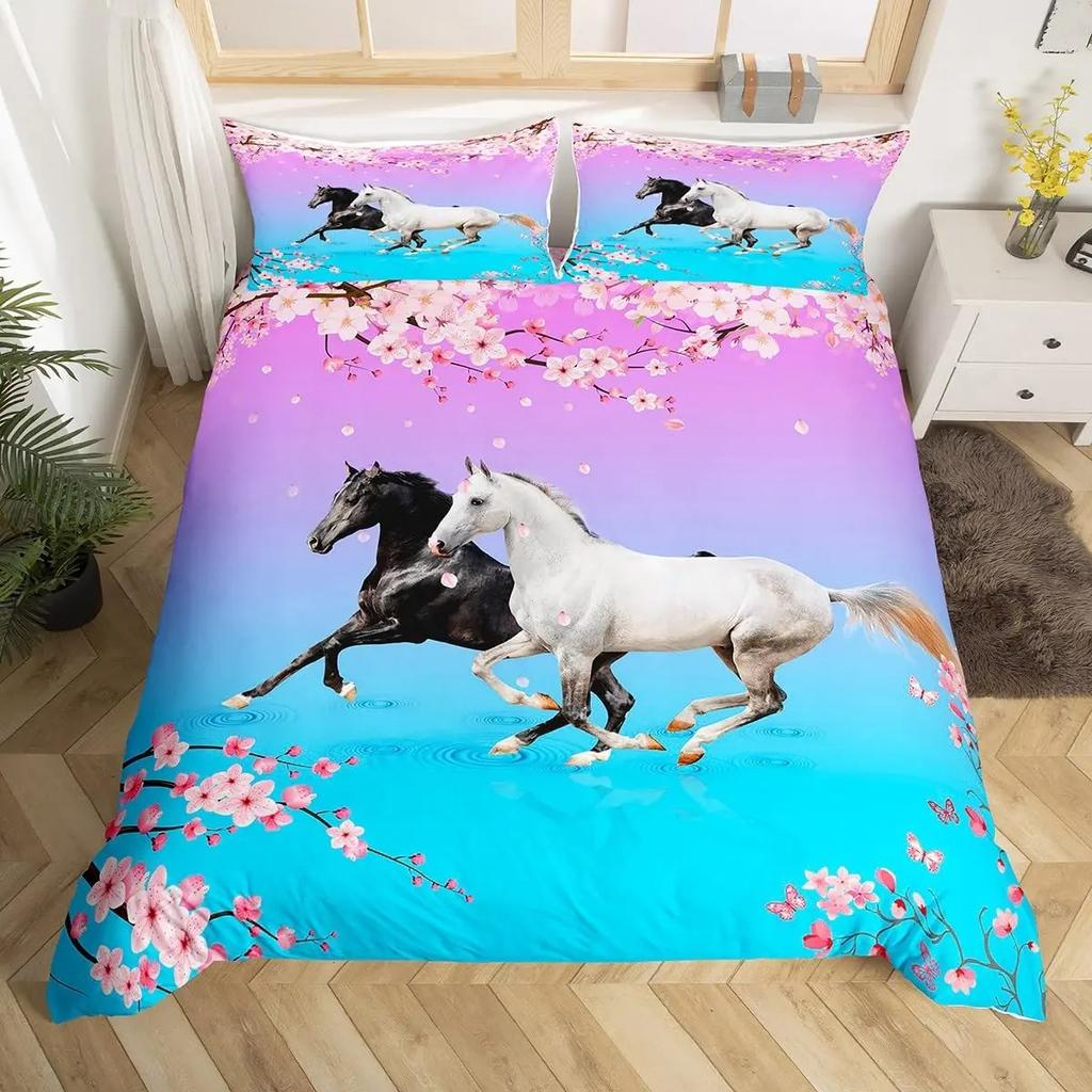 Galloping Horse Bedding Set Horse Duvet Cover Twin Full Queen King Farmhouse Animals Comforter Cover for Kids Girls Teens Room