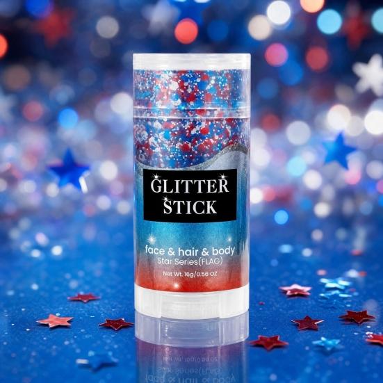 16G Glitter Stick for Face Hair Body, Independence Day Patriotic Glitter Stick, Red Blue White Makeup Stick for 4th of July, Veterans Day